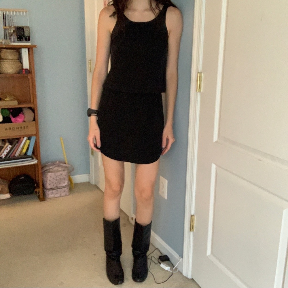 black silk and leather cinch waist mini dress by david lerner